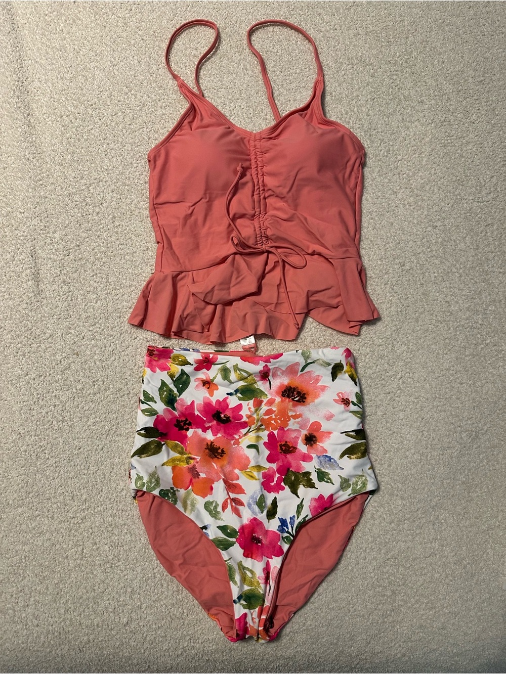 High-Waist Floral & Coral Tankini Bikini Set